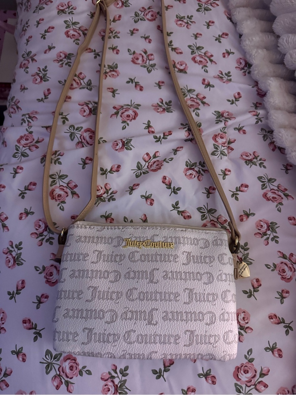 Juicy Couture Cream Logo Mini Crossbody with Gold Hardware